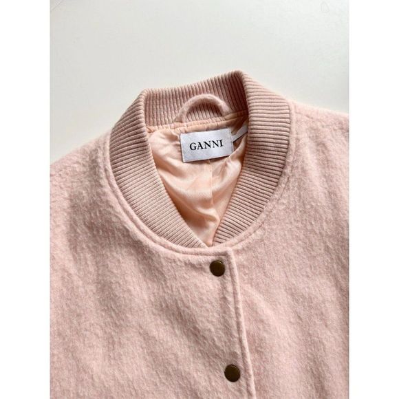 GANNI Inglewood Rose Smoke Pink Furry Wool Blend Varsity Bomber Jacket, Size L - Picture 11 of 15